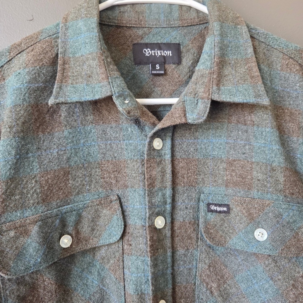 Brixton Mens Small Plaid Flannel Small Brown Green Blue‎ Long Sleeve Button Down